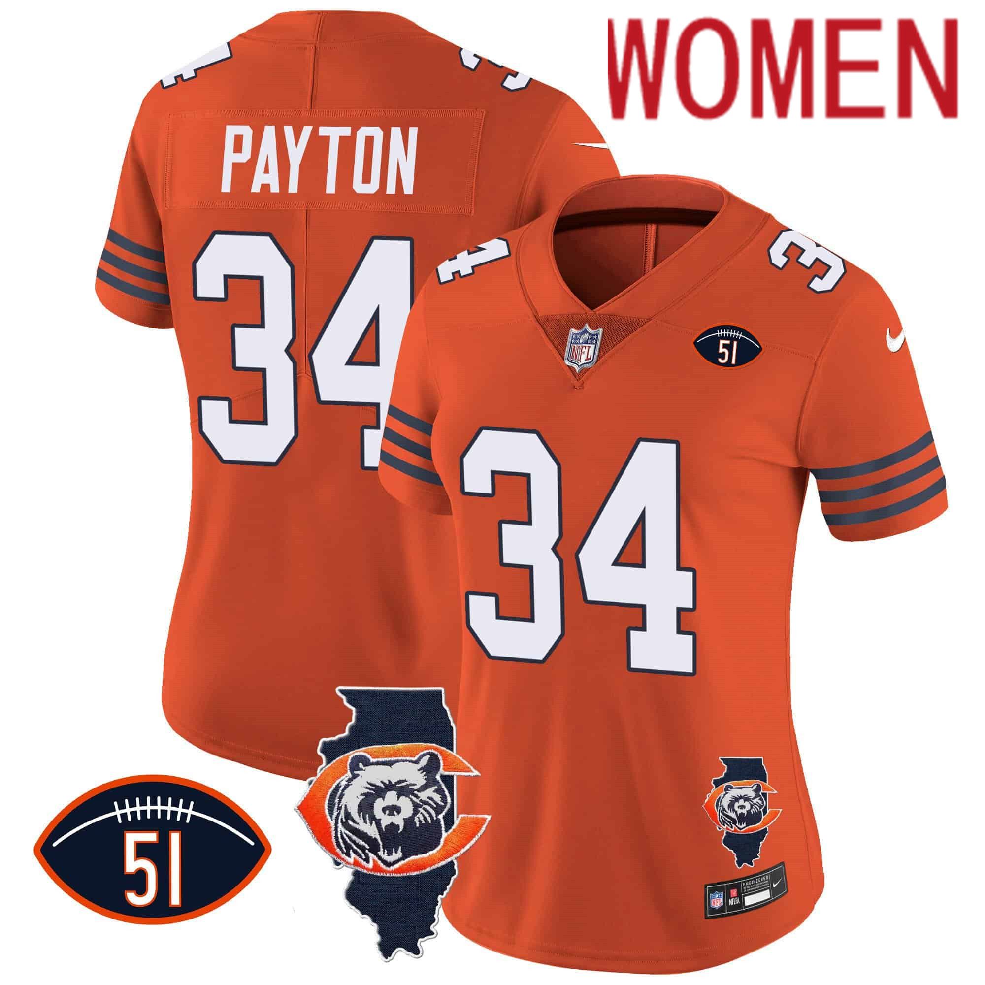 Women Chicago Bears #34 Payton Orange 2024 Nike Throwback Illinois Patch Vapor NFL Jersey